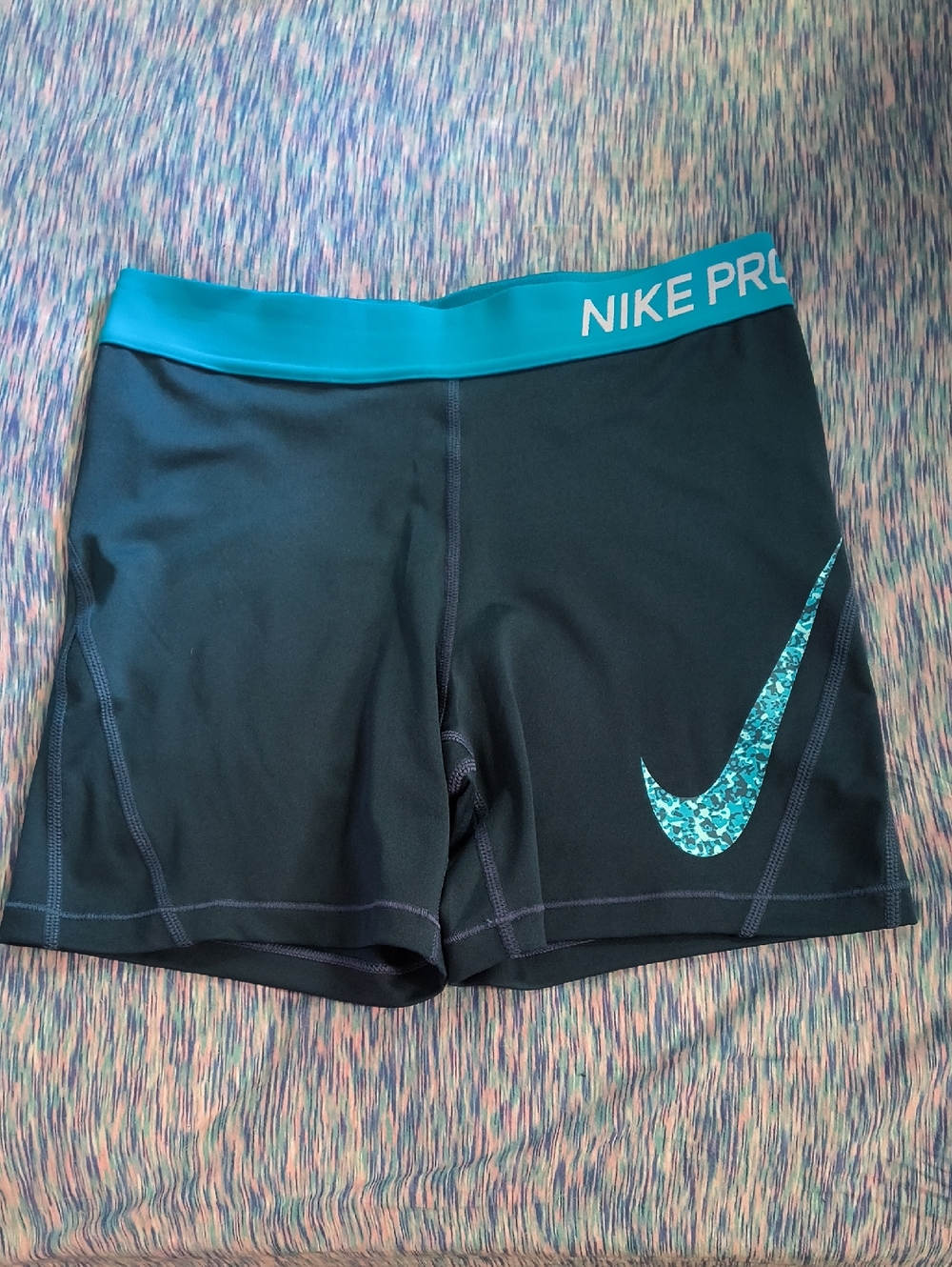 Nike Pro Blu Bike Shorts with Teal Waistband and Teal Swoosh Mosaic
